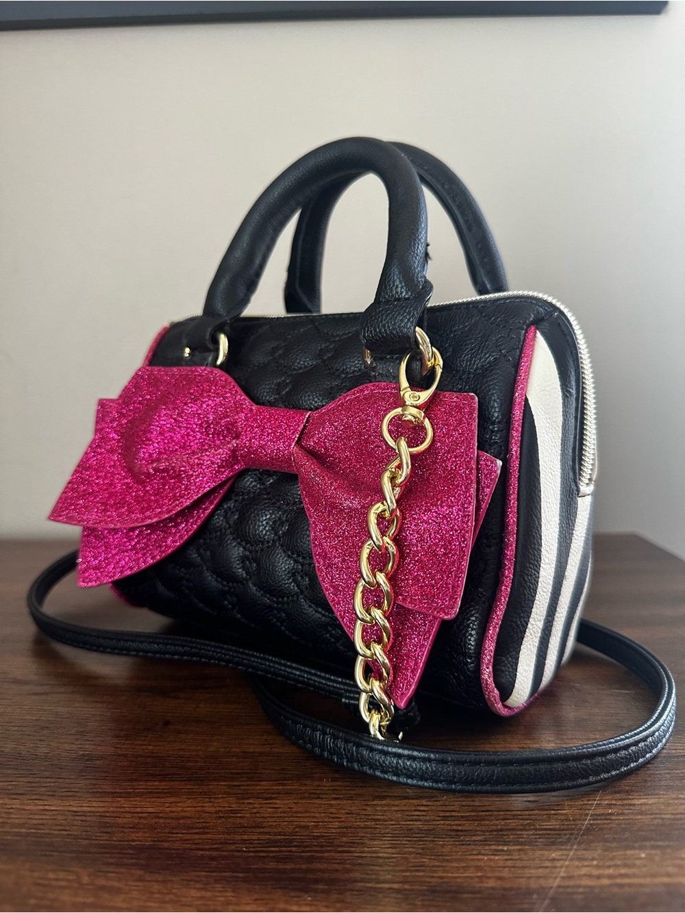 Betsey Johnson Glitter Pink Bow Quilted Mini Barrel Bag